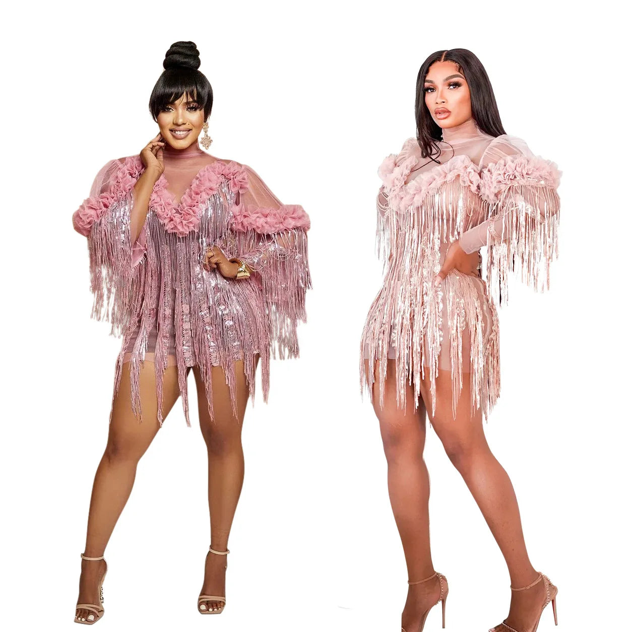 Women Full Sleeve Sequined Tassel Ruffles Mini Dress