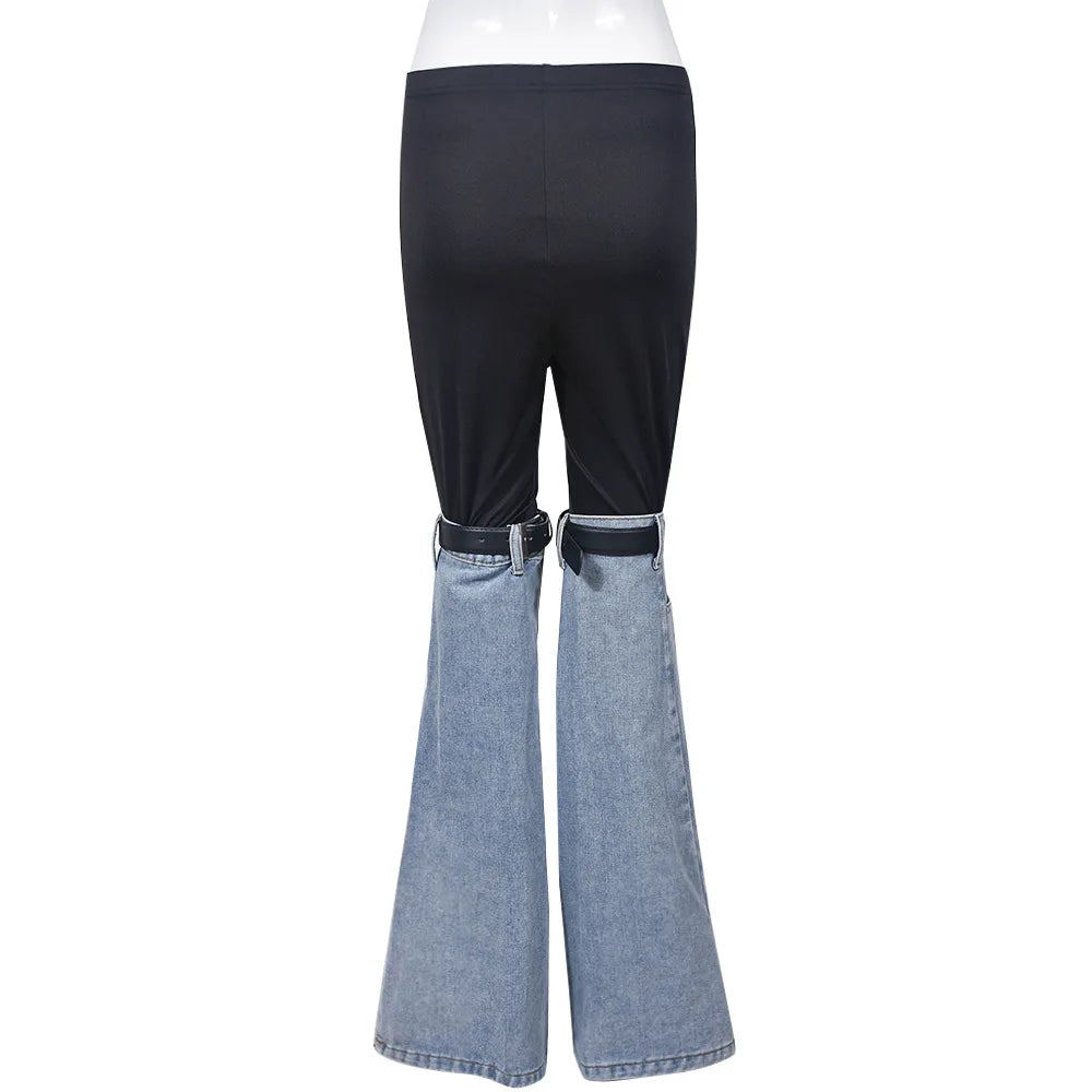 BKLD Y2k Denim Leg Warmer Patchwork Elastic Waist Slim Flared Pants