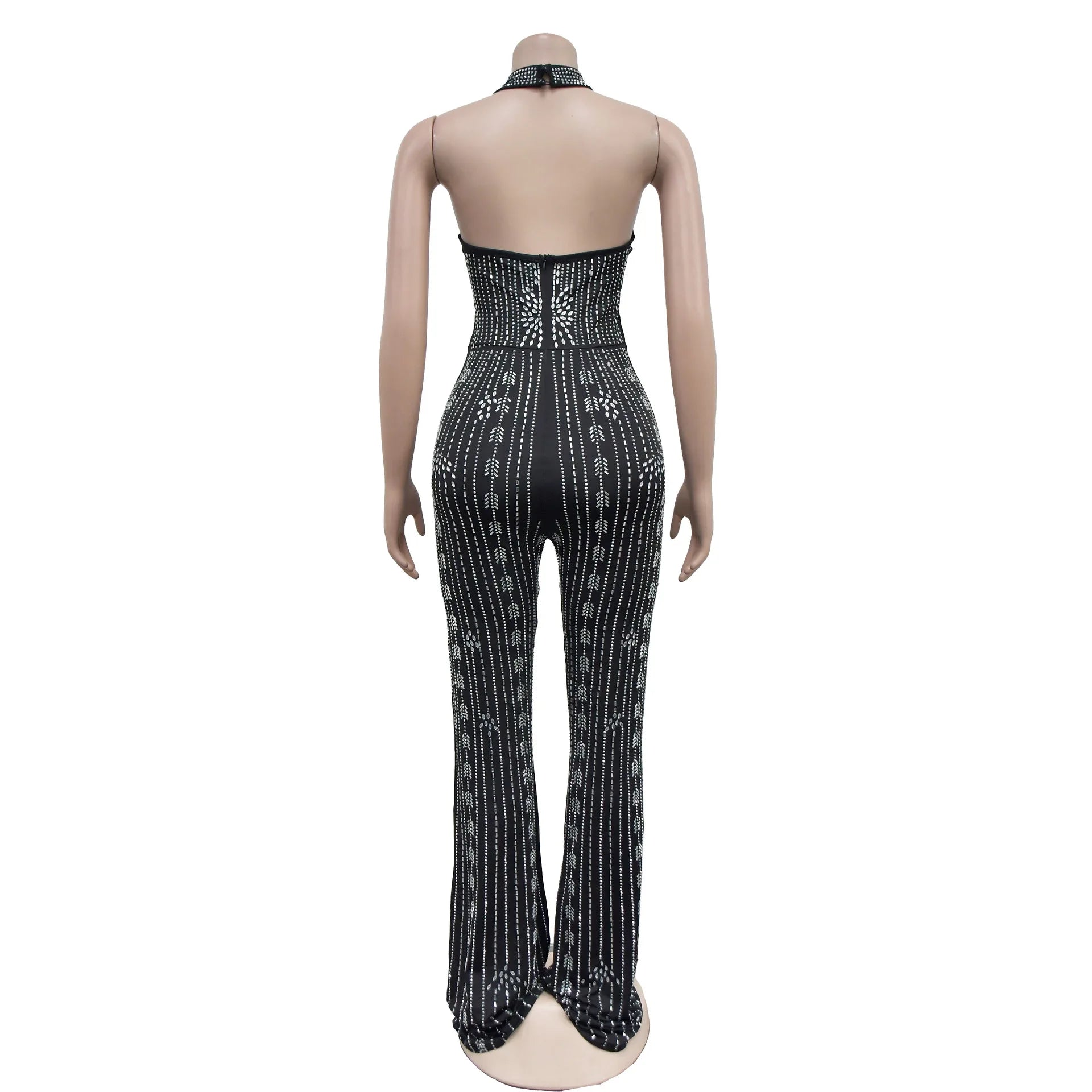 BKLD Fashion Summer Outfits Rhinestone Sleeveless with Open Back & Long Pant Jumpsuit