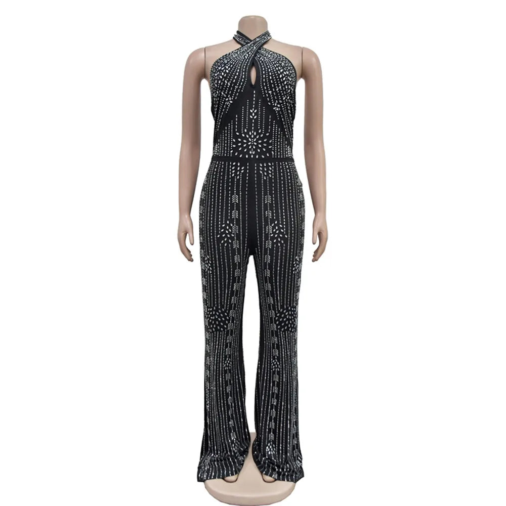 BKLD Fashion Summer Outfits Rhinestone Sleeveless with Open Back & Long Pant Jumpsuit