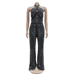 BKLD Fashion Summer Outfits Rhinestone Sleeveless with Open Back & Long Pant Jumpsuit