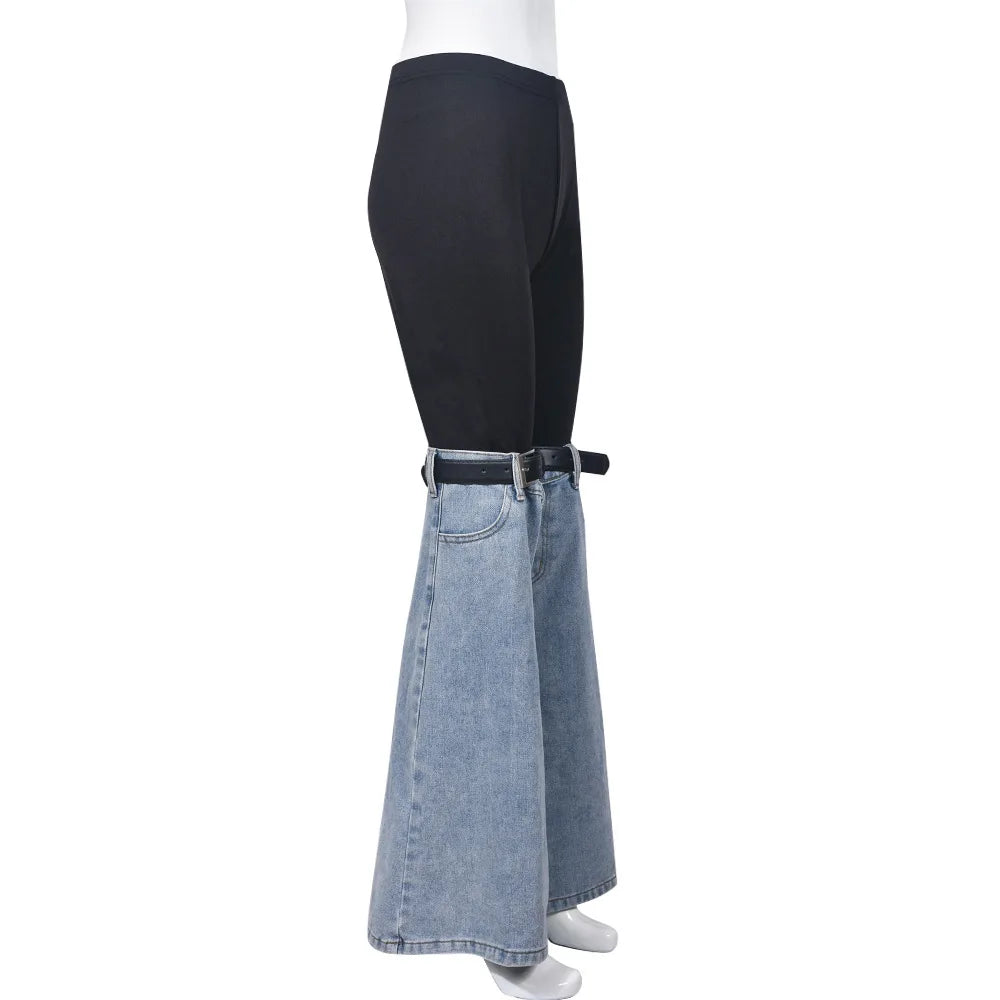 BKLD Y2k Denim Leg Warmer Patchwork Elastic Waist Slim Flared Pants