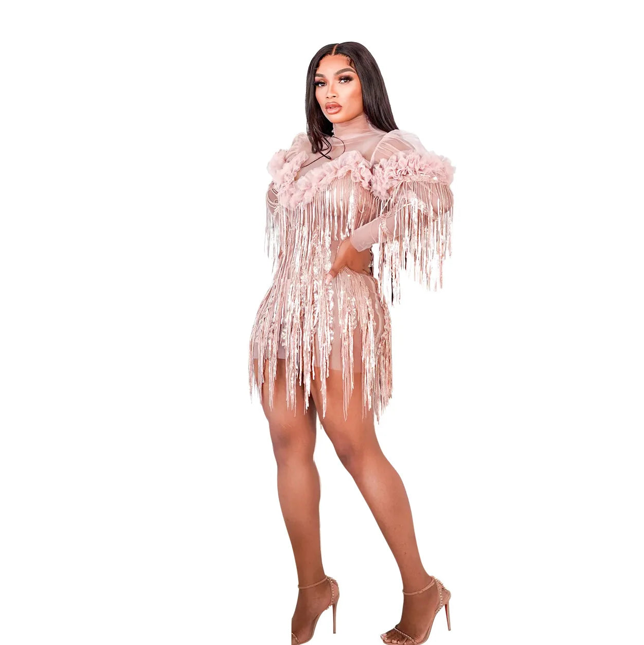 Women Full Sleeve Sequined Tassel Ruffles Mini Dress