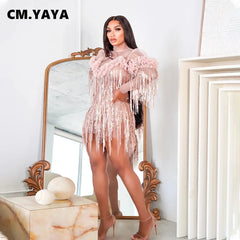 Women Full Sleeve Sequined Tassel Ruffles Mini Dress