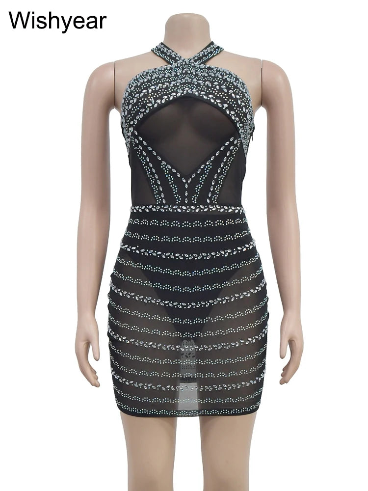 Wishyear Elegant Rhinestones Mesh Halter Sleeveless Mini